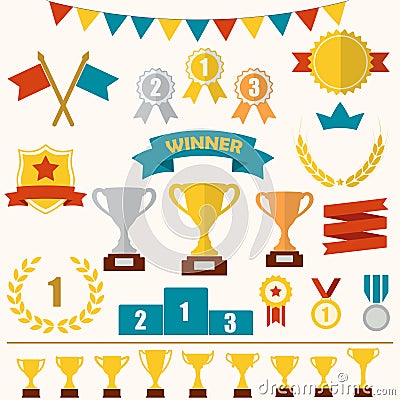Trophy and awards icon set: laurel wreath, winning trophy cup, crown, medals, pedestal, flags, ribbons. Vector Illustration